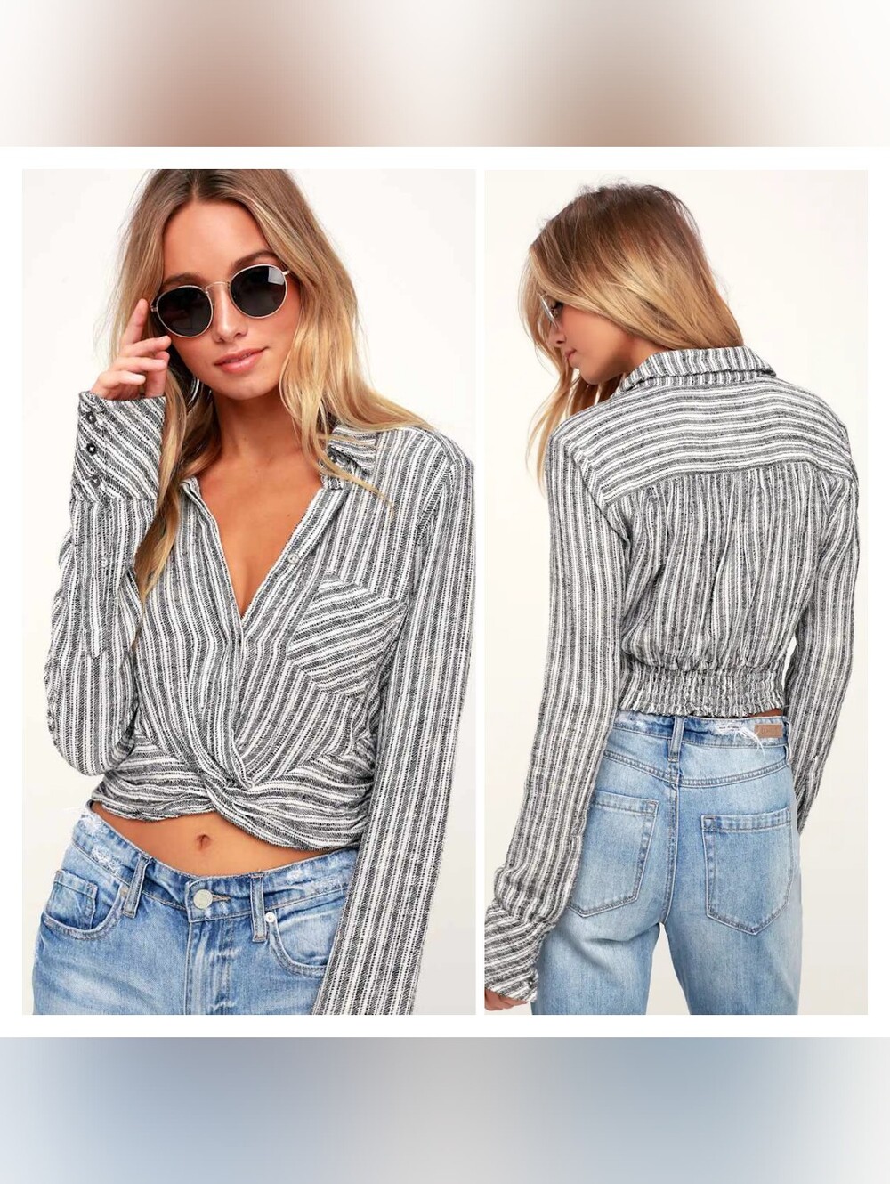 Free People Black & White Striped Twist-Front Long Sleeve Top